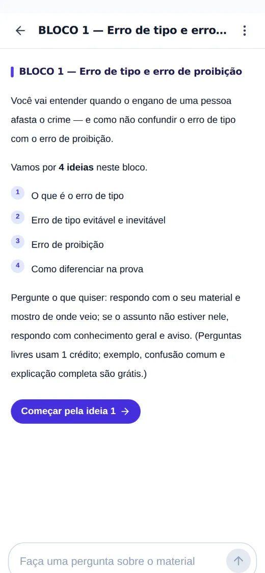 Abertura da aula no DOMINA com a lista das ideias do bloco e o campo de pergunta ao material