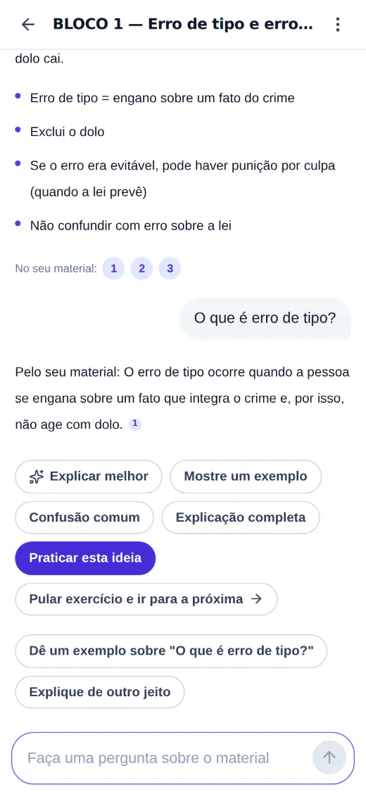 Aula em formato de conversa no DOMINA: resumo da ideia, pergunta do estudante e resposta com fonte do material